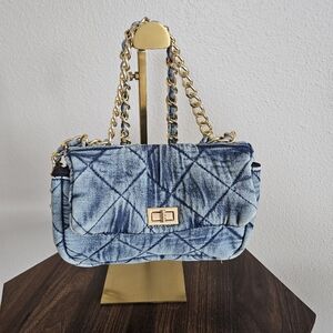 Quilted Blue Denim Puffy Crossbody Bag With Hand Chain